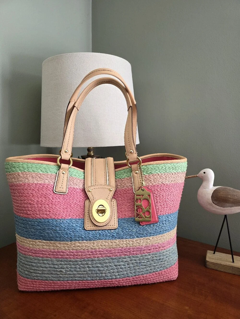 Coach 19361 Hamptons Multicolor Striped Straw Tote Bag Pink Blue Tan Leather Y2K